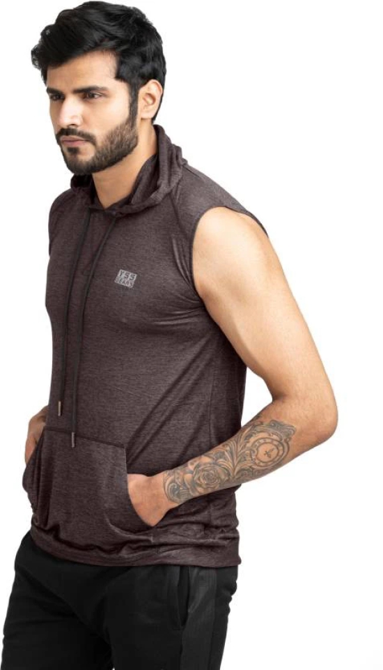 Men Solid Hooded Neck Polyester Brown T-Shirt