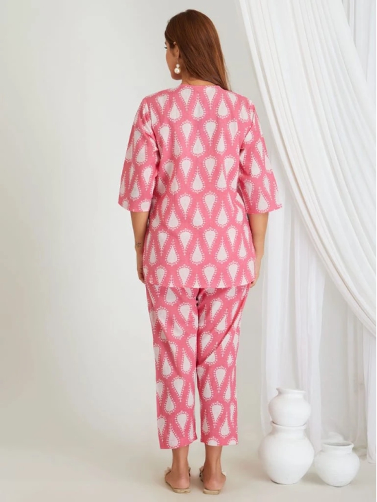 BREATHABLES Women Cotton Printed Loungewear Kurta and Pants Co-ord Set 3/4 Sleeve Round Neck Comfort Loose Fit Pink I Night Wear | Co-ord set | Lounge Wear Set