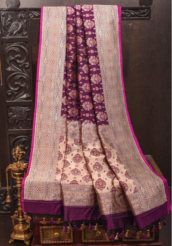 Unique Aubergine Intricate Banarasi Katan silk saree with Meenakari Jaal  | SILK MARK CERTIFIED