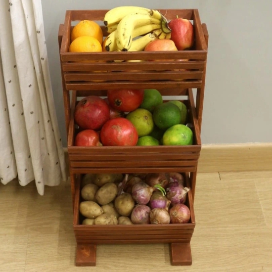 BARISH HOME DECORS - Fruit Basket 4 - Beautiful and Elegant | 3 Tier Wooden Fruit and Vegetable Basket | Handcrafted with Rubberwood | Multipurpose Basket Storage