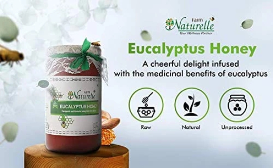 Farm Naturelle-Eucalyptus Forest 100% Pure Raw Un-Processed Honey 400 GMS with Cinnamon Honey and a Wooden Spoon.