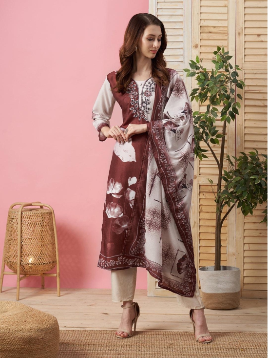 Maroon Polyester Kurta, Pant, and Dupatta Set - Graphic Print Calf-Length Ensemble-XXL