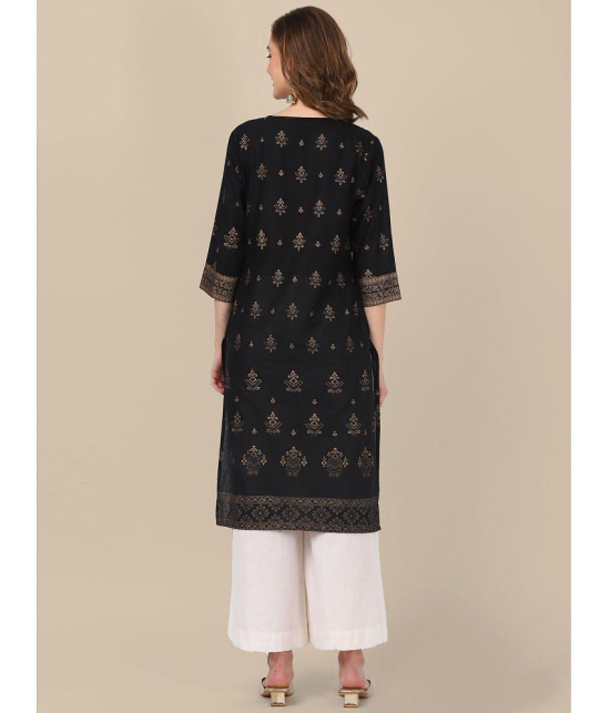 Rangita Women 100% Cotton Black Gold Printed Knee Length Straight Kurti - None