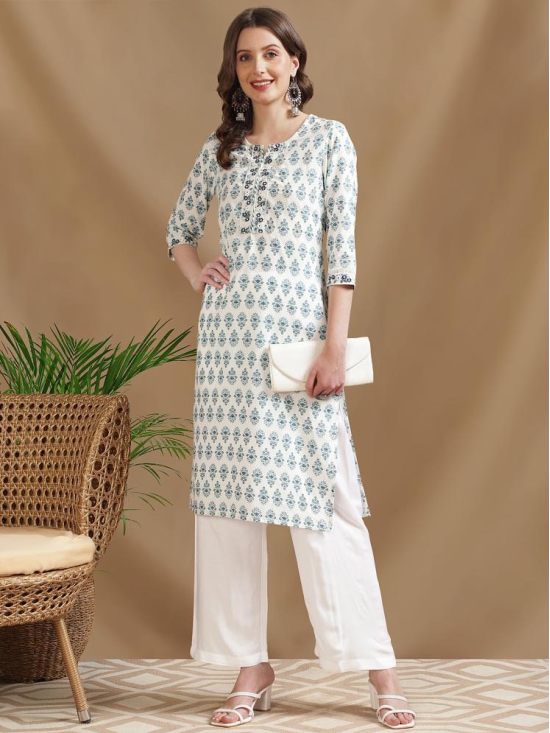 Rangita Women Cotton Blue Embroidered Calf Length Straight Kurti - None