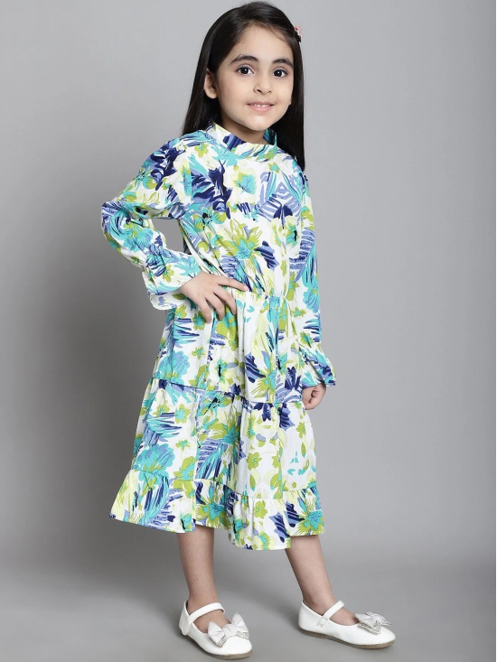 MINI & MING Girls Floral Print Mock Neck Bell Sleeves Crepe Fit & Flare Midi Dress