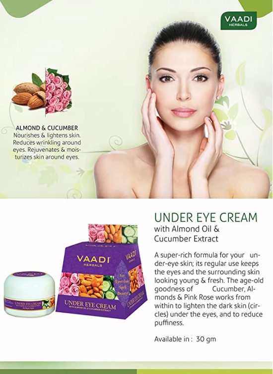 Vaadi Herbals Under Eye Cream Almond Oil and Cucumber Extract 30g-Vaadi Herbals Under Eye Cream, Almond Oil and Cucumber Extract, 30g