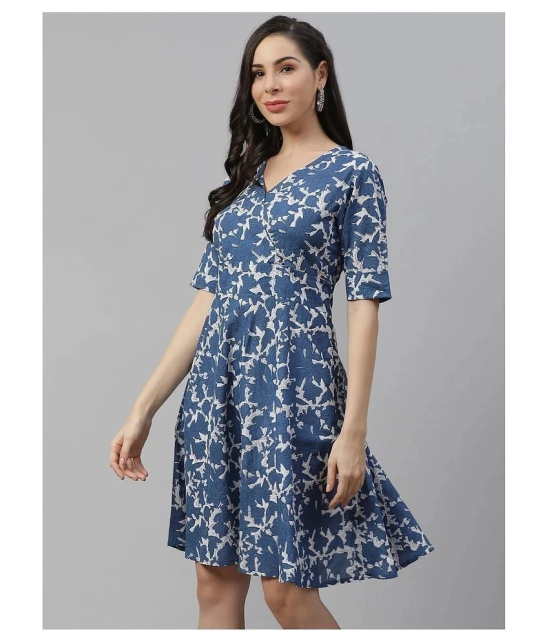 Divena Cotton Blue Fit And Flare Dress - 5XL