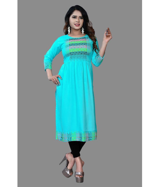 haya fashion - Turquoise Rayon Women's Straight Kurti ( Pack of 1 ) - None