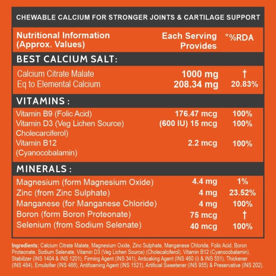 Meltvit Chewable Calcium Tablets 1000mg with Vitamin D3, Magnesium & Zinc Tablets | Water Soluble Calcium Citrate Malate 1000mg with Stabilised D3 - 60 Veg Tablets-Mint