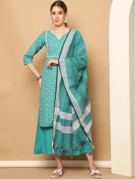 Printed green kurta with lace work, pallazos dupatta set-M / Green