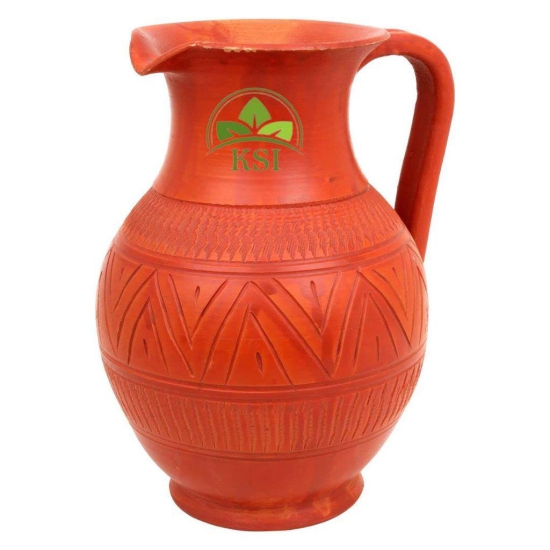 KSI Clay Jug, Terracotta Water Jug, Mud Pot | Pitcher 1.7 Ltr. | Mitti ka jug for Drinking Water with Lid | Natural/Earthen Clay | Handmade Matka/surahi/mitti Ghada with Beautiful Design - 1.7 liters