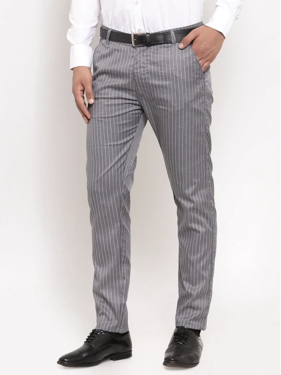 Indian Needle Men's Grey Cotton Striped Formal Trousers-30 / Grey