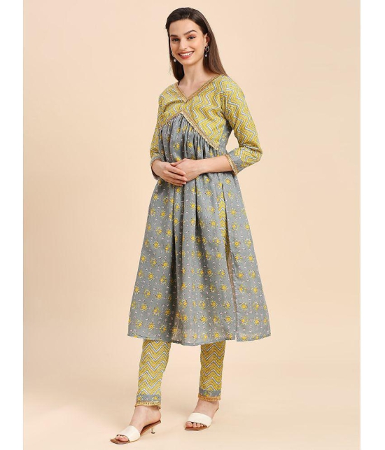 gufrina Cotton Printed Kurti With Pants Women's Stitched Salwar Suit - Light Grey ( Pack of 1 ) - None