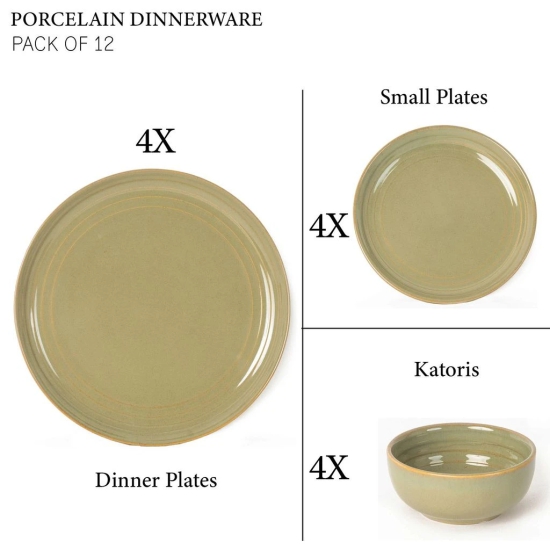 Handcrafted Chip Resistance Porcelain Dinner Set, 12 Pieces Dish Set Serving for 4, Microwave and Dishwasher Safe, Bone-ash Free, Crockery Set for Dining and Gifting, Olive Green