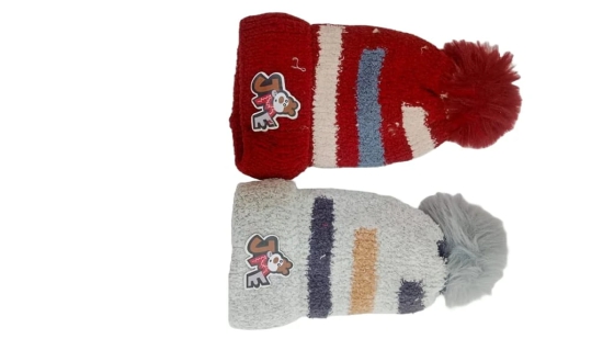 Striped Knitted Winter Hat with Faux Fur Pom Pom for Kids