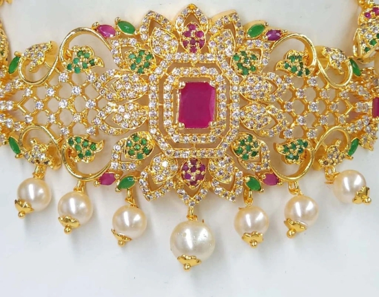 Stunning Gold-Plated Kundan and Pearl Choker Necklace Set with Earrings for Women