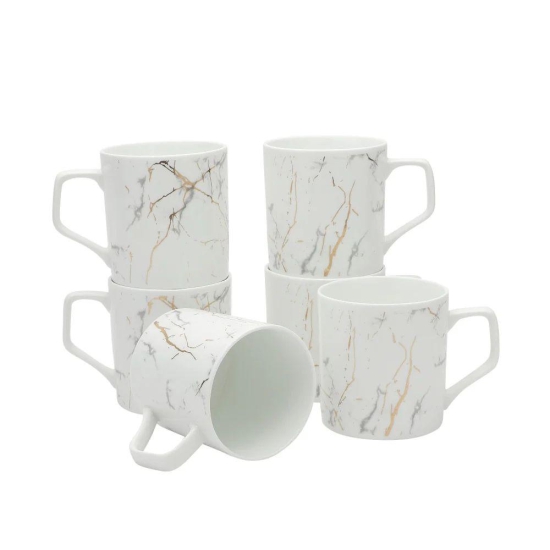 Clay Craft Marble Monochrome 220 ML White Gold Coffee & Tea Mugs | White | Set of 6 Pcs