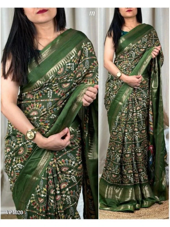 Bhuwal Fashion Art Silk Printed Saree With Blouse Piece - Green ( Pack of 1 ) - Green