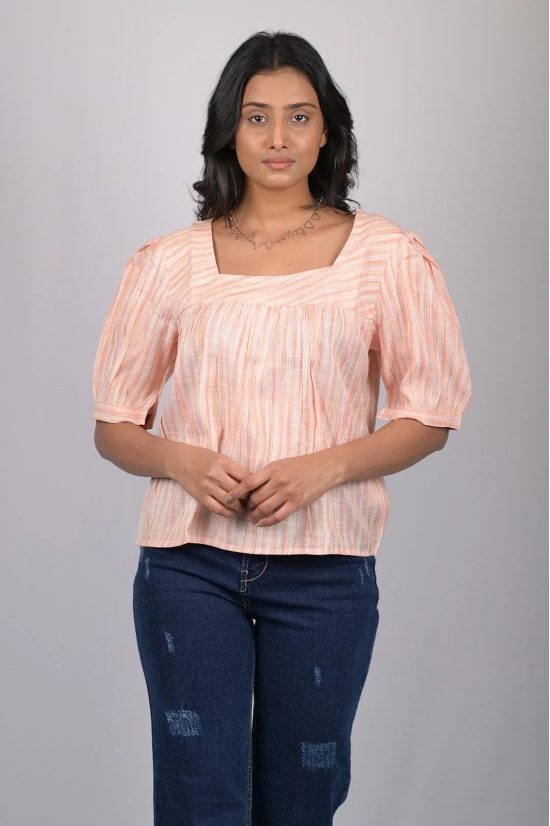 Party wear magic cotton top for women Light Orange Striped Top With Square Neck (OTL-TPS1071)-Orange / XL