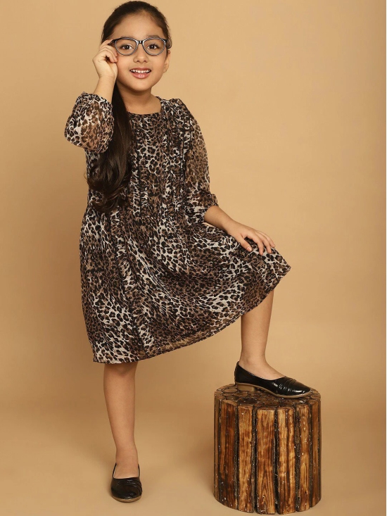 MINI & MING Girls Animal Printed Puff Sleeve Georgette A-Line Dress