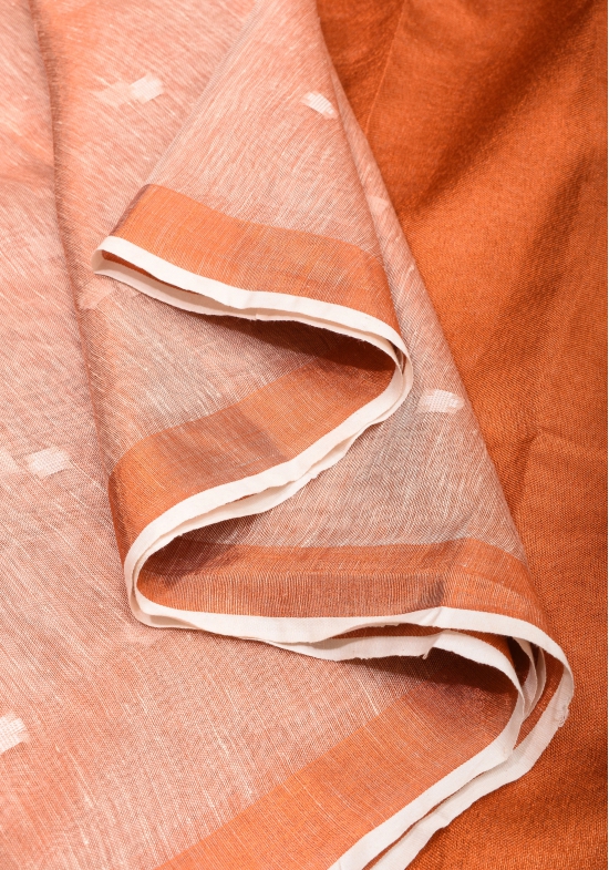 Peach Copper Tissue Linen Saree with Chunri Buttas and Tissue Pallu