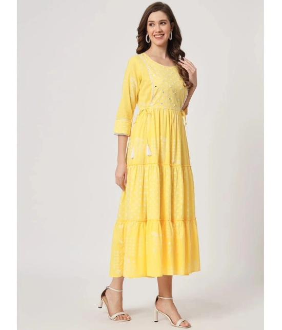 AMIRAS INDIAN ETHNICWEAR Cotton Printed Ankle Length Womens Fit & Flare Dress - Yellow ( Pack of 1 ) - None