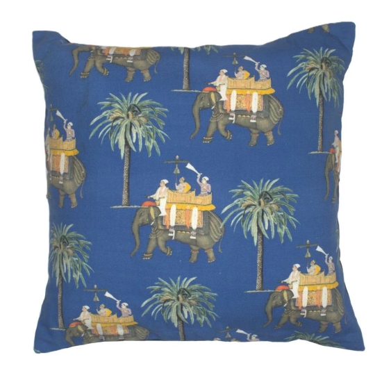 Heritage Elephant Print Cotton Canvas Cushion Cover-Blue - 16” x 16”