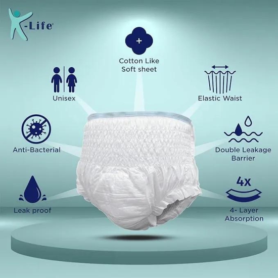 K-life Premium Anti-Bacterial 4layer Absorption Unisex Pant Style Adult Diapers | Pack of 1 | 10 Count | Extra Large (Waist Size 38-65 inch |96-165 cm)