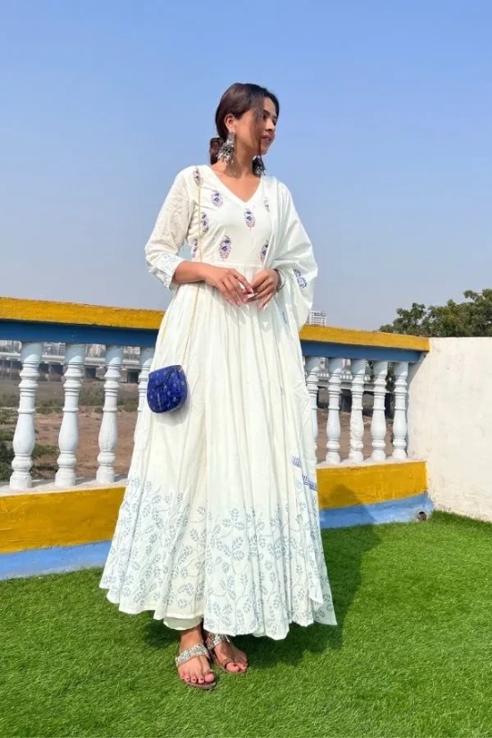 Off White Hand Block Printed Anarkali Set Off-White XXL