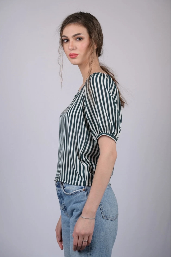 White and Green Striped Relaxed Fit V-Neckline Top (OTL-TPS1020)-Blue / S