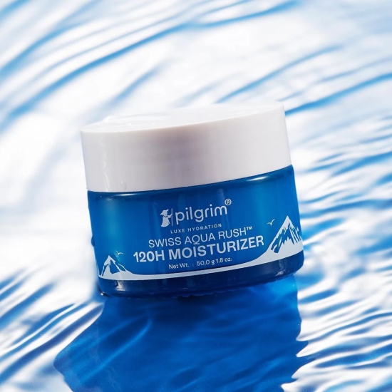 Pilgrim Swiss Aqua Rush? 120H Moisturizer for face| Crafted with powerful hydrators-Swiss Aqua Rush? & PatcH20?| Strengthens skin barriers| Plump & glowing skin| 120 Hrs of Increased hydration| 50gm