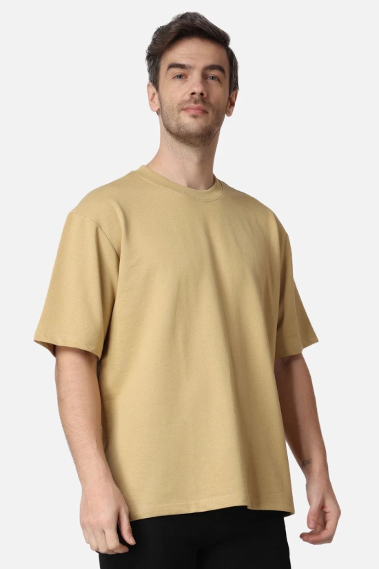 Beige Plain Oversized Drop Shoulder T-Shirt-M / Beige