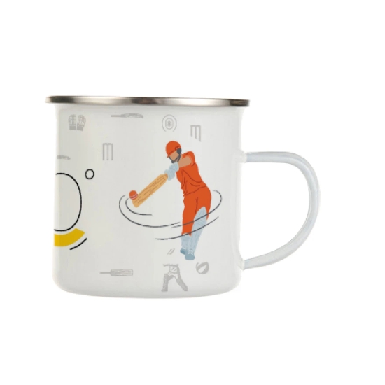 Indigifts Cricket Enamel Mug 250 ML|Unbreakable Coffee, Tea Cup|Cricket T20 Print|Safe For Kids|Drinking Tea Cup For Outdoor & Indoor|WHITE|