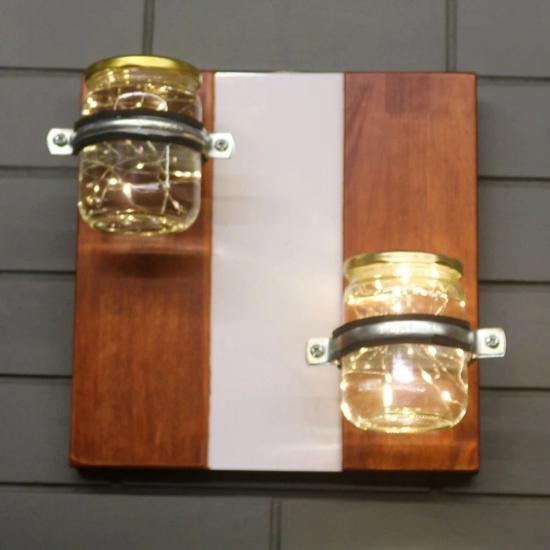 Barish Home DECORS - Wall Planter Set of 2 Jar | Wall Mounted Planter with 2 Glass Jars | 2 Glass Jar Planter with L.E.D Copper Wire String | Handcrafted with Rubberwood