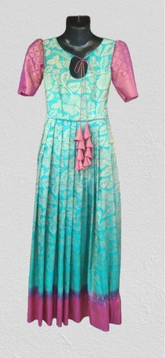 SIMHADRI APPANNA MATCHING CENTER -Blue and Pink Floral Brocade Silk Long Dress