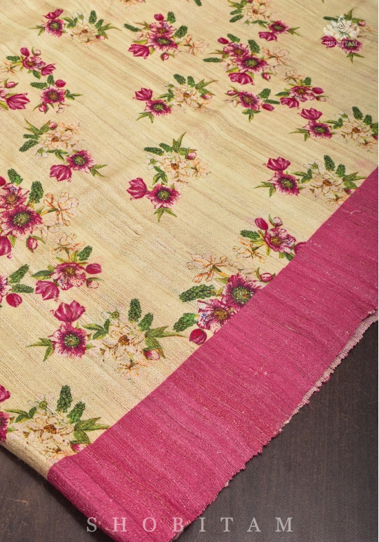 Geecha Raw Tussar Silk Saree with Floral Digital Print in Beige | SILK MARK CERTIFIED