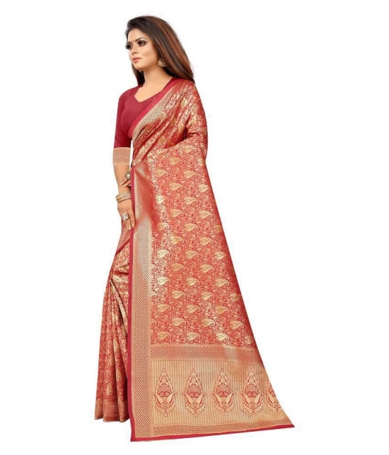 Gazal Fashions - Red Banarasi Silk Saree With Blouse Piece (Pack of 1)