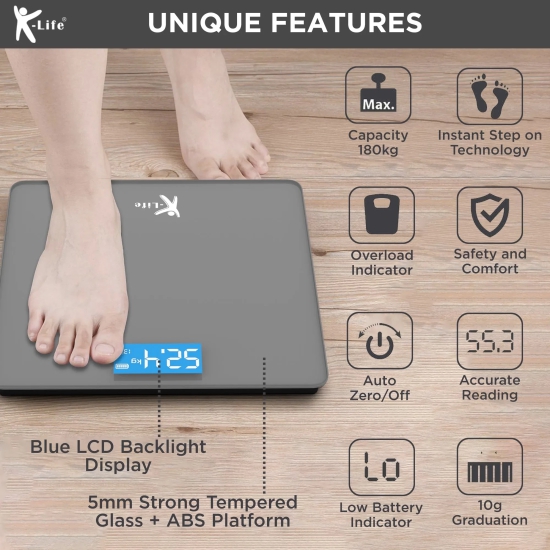 K-Life WS-101 Digital Personal Electronic Body Weight Machine for Human Body 180kg Capacity Weighing Scale, Grey