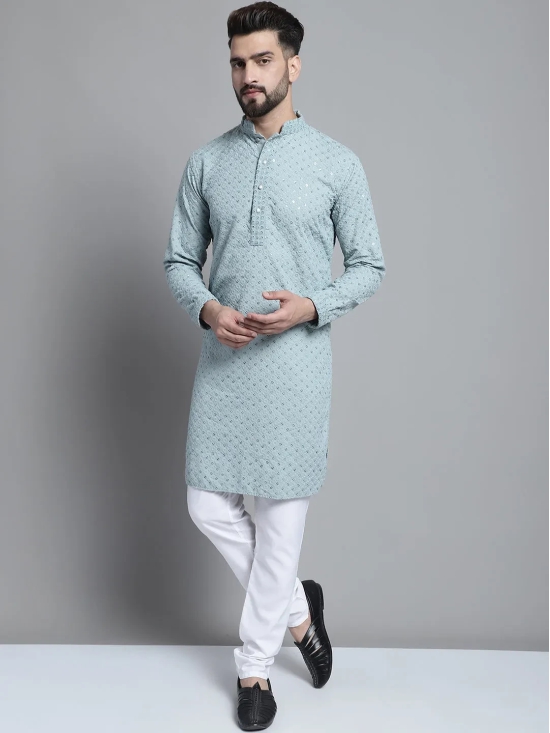 Men Blue Chikankari Embroidered and Sequence Kurta with Churidar-XXL / Blue