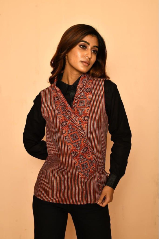 Red cotton Ajrakh natural dye shawl jacket for women