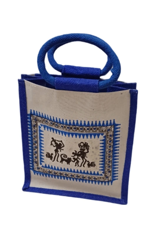 Handmade Jute Bag with Blue Trim and Traditional Indian Design