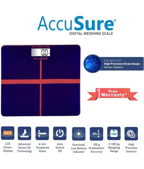 AccuSure Blue & Black Digital Bathroom Weighing Scale, LCD Panel, 6mm Tempered Glass1 Yr Warranty