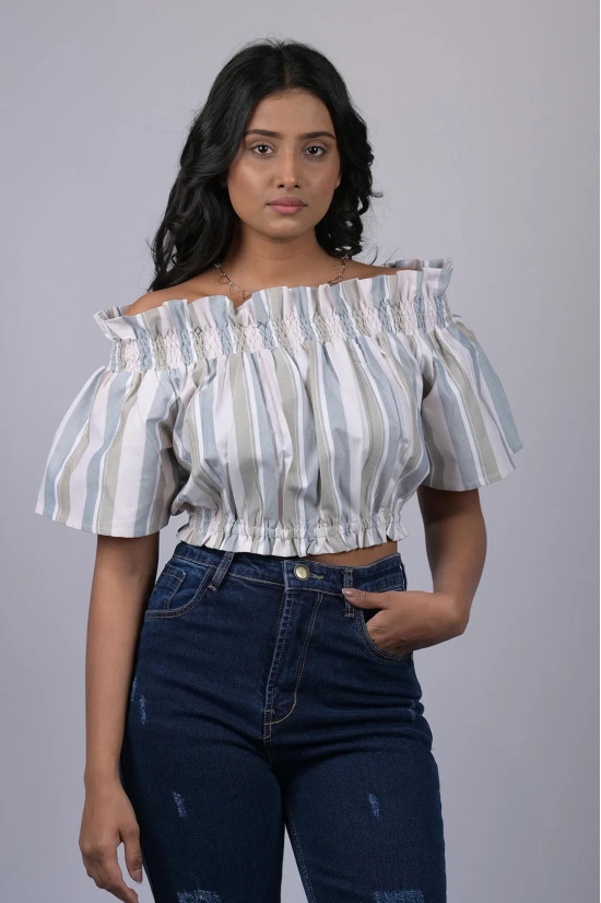 Top for women western wear stylish Grey And White Striped Off Shoulder Top (OTL-TPS1041)-Grey / L