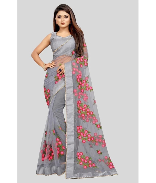 Gazal Fashions - Grey Net Saree With Blouse Piece ( Pack of 1 ) - Grey