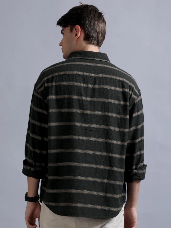 Premium Men Shirt, Relaxed Fit, Yarn Dyed Stripes, Pure Cotton, Full Sleeve, Olive-L / Olive Green