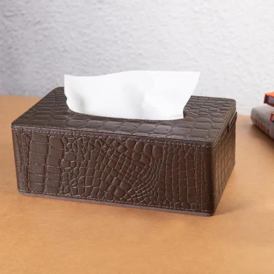 Tissue Box In Genuine Croco Leather Brown-Brown