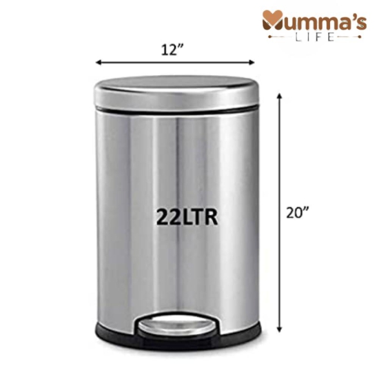 Mumma's LIFE Stainless Steel Plain Pedal Bin with Plastic Bucket And Lid | Garbage Bin Trash Can, Round Shape Dustbin For Home, Bathroom, Kitchen, Room, Office (Pedal Bin 12 * 20inch 22LTR)