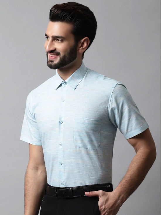 Men Sky Blue Woven Design Short Sleeves Formal Shirt-S / Blue