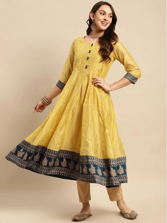 Rangita Women Chanderi Yellow Gold Printed Calf Length Kalidar Kurti With Contrast Border At Bottom Hem - None