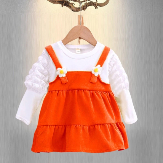 Flower Applique Full Sleeves Dress-Orange / 4-5 years